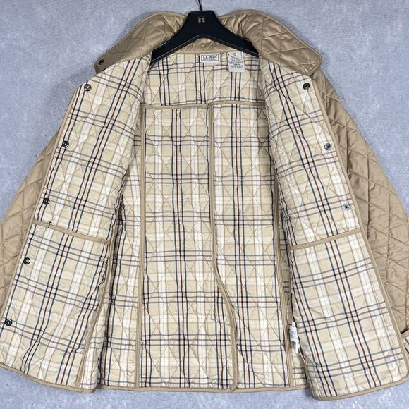 L.L.Bean Gold Quilted Jacket Women Small Tan Nova Check Plaid Lined Snap Button - Picture 3 of 9